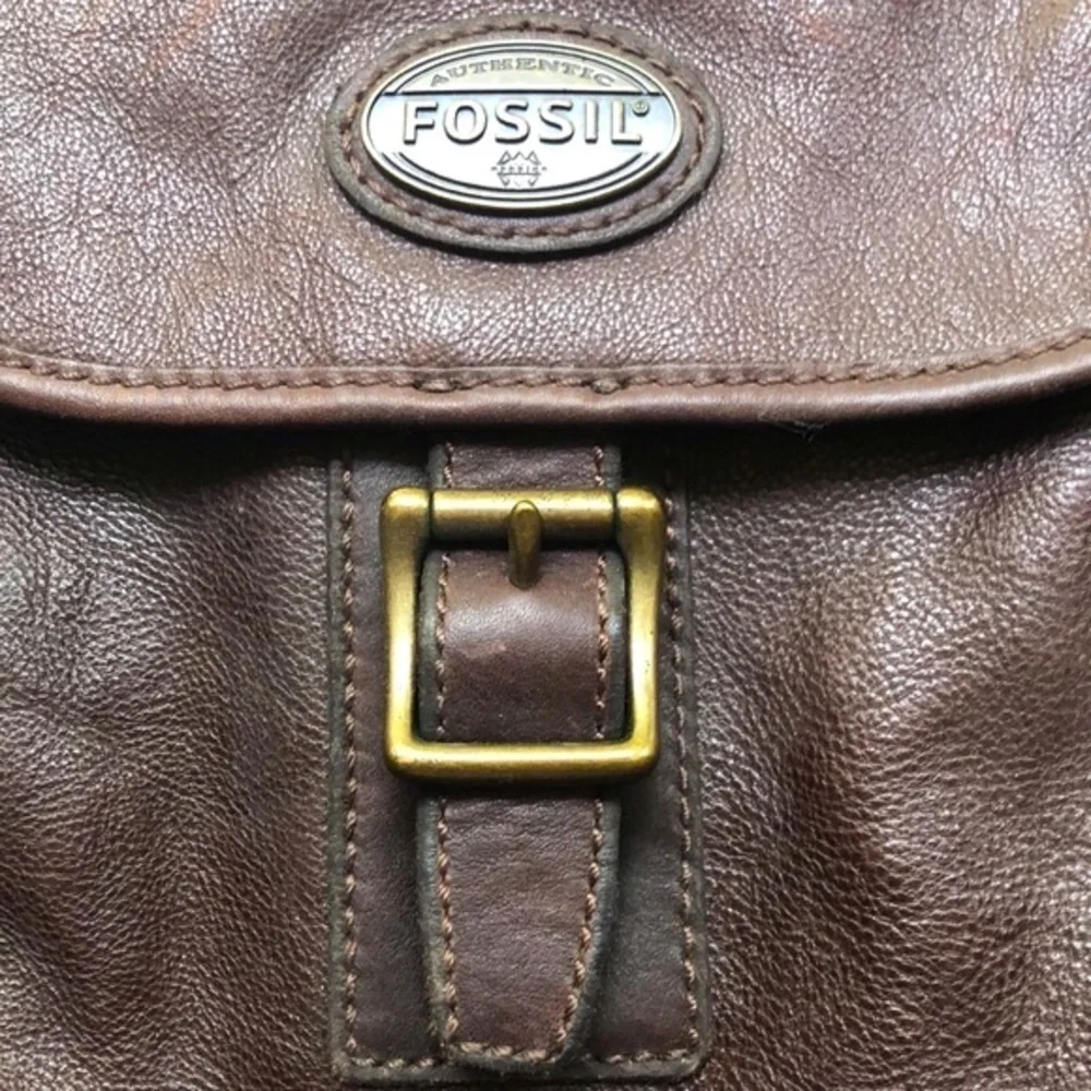 Fossil Brown Leather Briefcase Messenger Travel Crossbody Bag Double handle